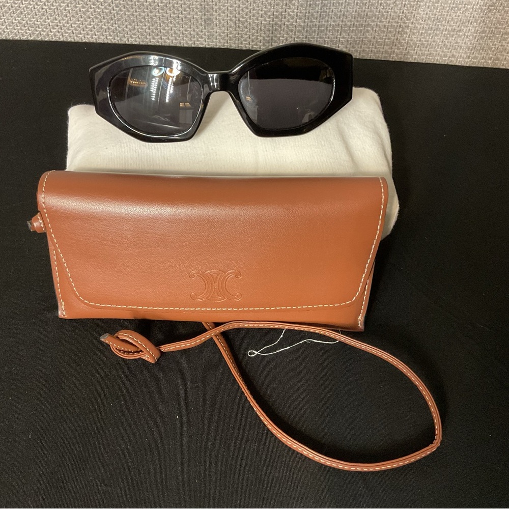 Celine Tan Leather Wristlet and Black Sunglasses